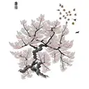 Cherry blossom tree with leaves blowing away in the wind and some leaves turning into birds tattoo design idea