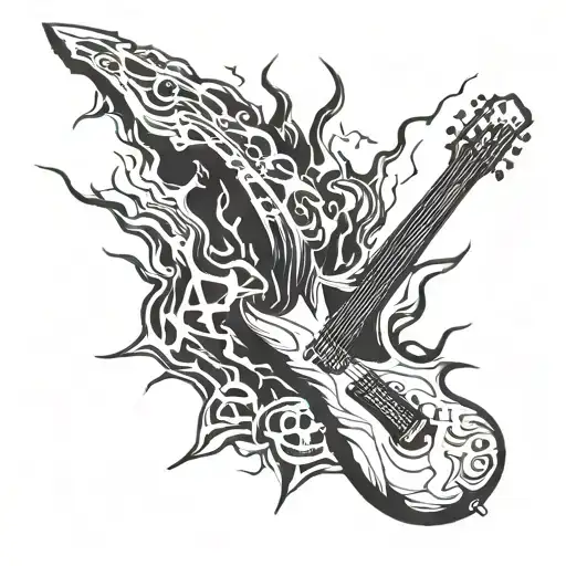 Incorporate a flaming guitar surrounded by lightning bolts and skulls, capturing the raw energy of metal music tattoo design idea