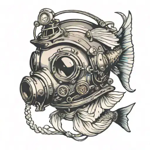 a mackerel holding a diving helmet and wearing a wedding dress tattoo design idea
