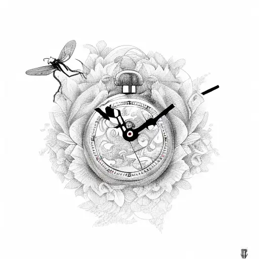 flowers with clocks and a dragon fly  tattoo design idea