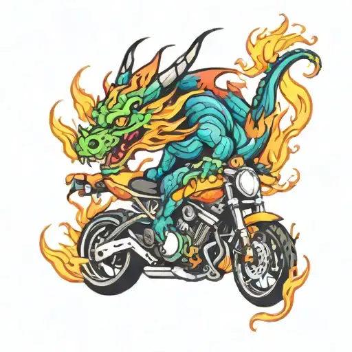 dragon breathing fire colorful sportbike in flame  tattoo design idea