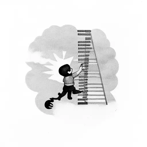 a boy who uses the piano keys as a ladder climbing to the sky tattoo design idea
