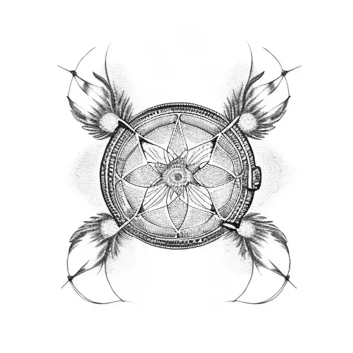 A dotwork tattoo of a car steering wheel intertwined with a dreamcatcher tattoo design idea