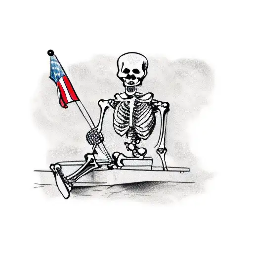 skeleton sitting down at sports game holding flag as a fan tattoo design idea