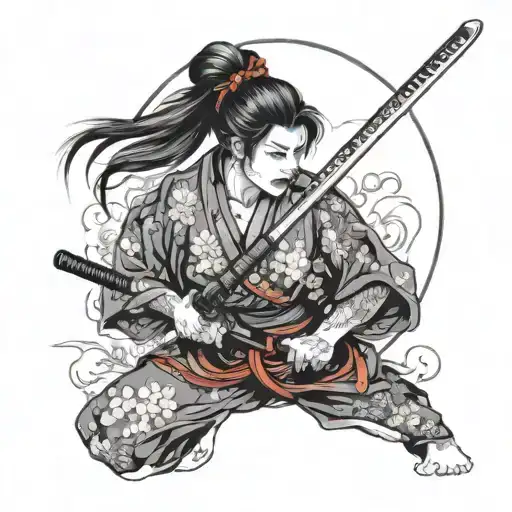 samurai girl fighting while holding katana stabbed tattoo design idea