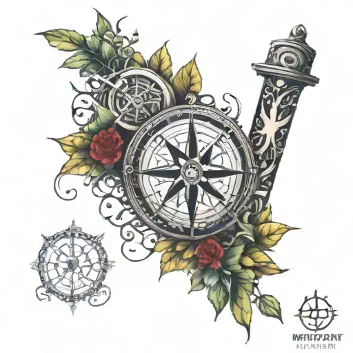 Nordic compass with vines wrapped around it and a totem pole beneath it tattoo design idea