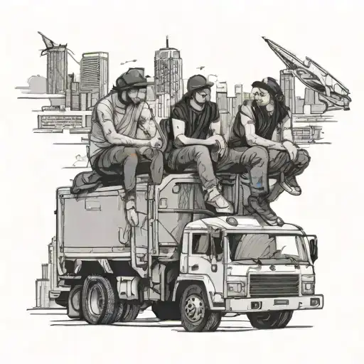 A group of friends sitting on top of a giant truck, overlooking a city skyline tattoo design idea