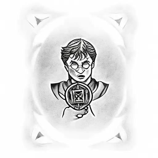 A traditional style tattoo of Harry Potter holding a HELLRAISER BOX with musical notes floating around tattoo design idea