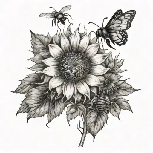 sunflowers, a sun and honey bees tattoo design idea