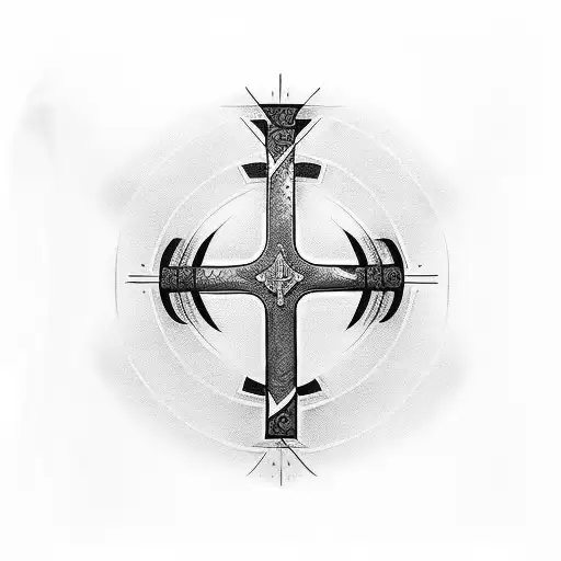 The tattoo is a large, vibrant, and 3D design that spans the entire arm. A Christian cross takes center stage, symbolizi tattoo design idea