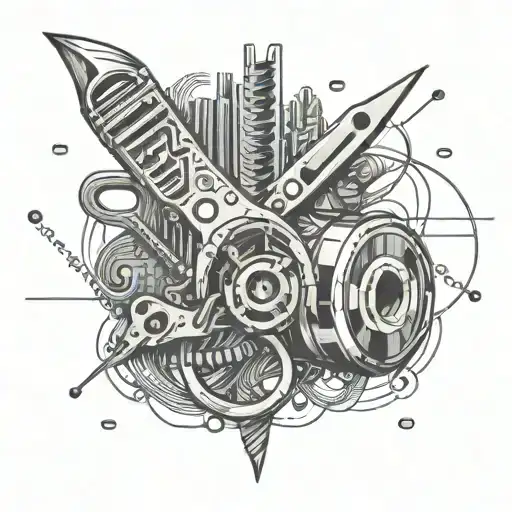 Barber scissors cutting through a computer circuit board tattoo design idea