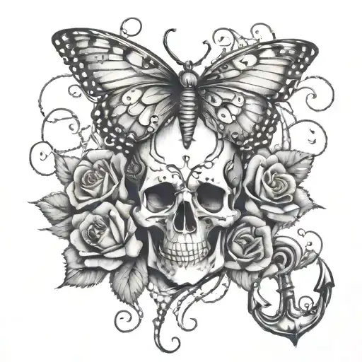 skull, roses, butterfly's, anchor, rosery beads tattoo design idea