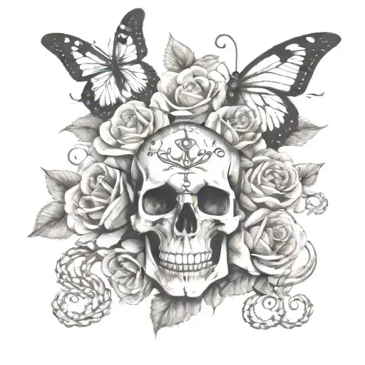 skull, roses, butterfly's, anchor, rosery beads tattoo design idea