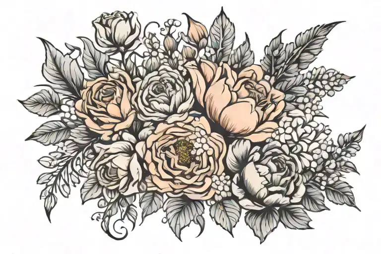 bouquet of birth flowers, 2 from january, one from april, one from july, and one from august  tattoo design idea