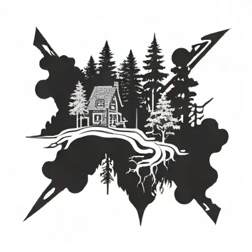 A blackwork tattoo of a mystical forest scene with towering trees and hidden pathways, incorporating elements of carpentry and construction tools to represent the client's profession tattoo design idea