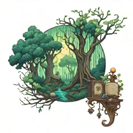 A mystical forest scene inspired by fantasy books, with hidden board game references throughout tattoo design idea