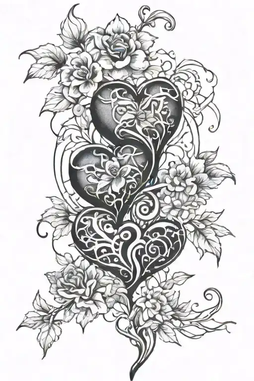 two hearts intertwined, flowers symbolizing love grow from one, and thorns representing love grow from the other tattoo design idea