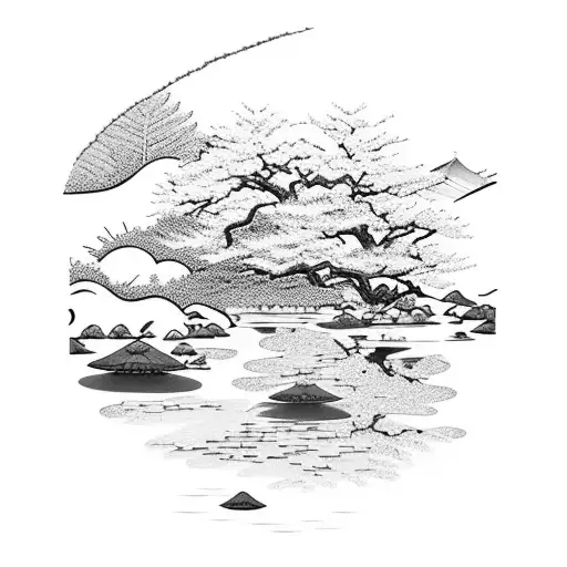 japanese landscapes, mountains, pond, cherry blossom, wandering monk tattoo design idea