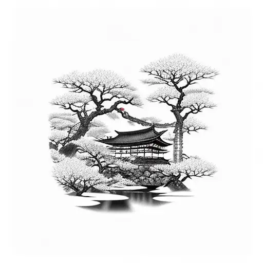 japanese landscapes, mountains, pond, cherry blossom, wandering monk tattoo design idea