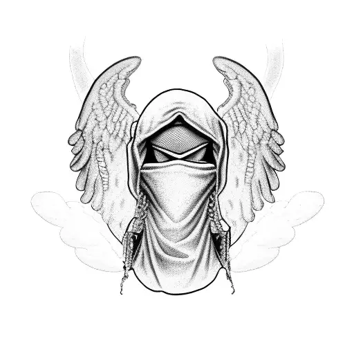an angel with balaclava and chain shrouded in clouds, lightly shaded tattoo design idea