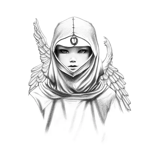 an angel with balaclava and chain shrouded in clouds, lightly shaded tattoo design idea