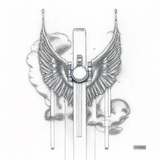 Roland TR 808, music notes, angel, clouds, shaded tattoo design idea