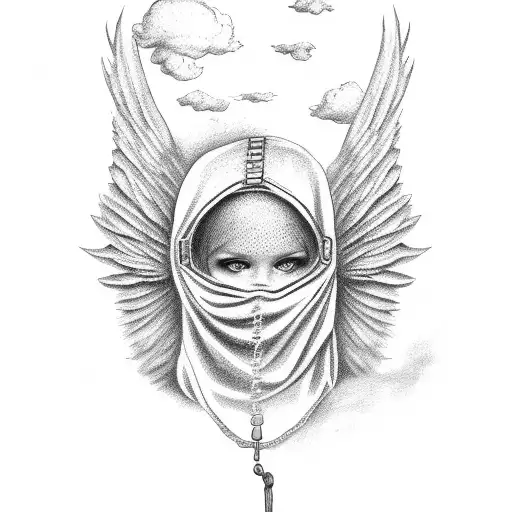 an angel with balaclava and chain shrouded in clouds, lightly shaded tattoo design idea