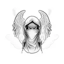 an angel with balaclava and chain shrouded in clouds, lightly shaded tattoo design idea