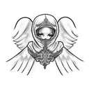 an angel with balaclava and chain shrouded in clouds, lightly shaded tattoo design idea
