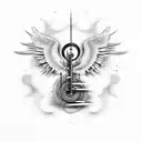 TR Roland 808, music notes, angel, clouds, shaded tattoo design idea