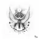 TR Roland 808, music notes, angel, clouds, shaded tattoo design idea