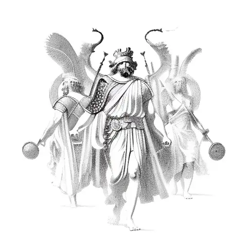 A historical scene from ancient Greece with a modern twist, like a business meeting with Greek gods tattoo design idea