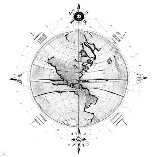A map of the world with explorer tools like a compass and telescope, symbolizing a love for new experiences tattoo design idea