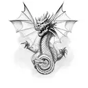 A dragon intertwined with ancient ruins from different historical periods tattoo design idea