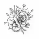 December, January, November, April, August birth flowers in a bouquet tattoo design idea