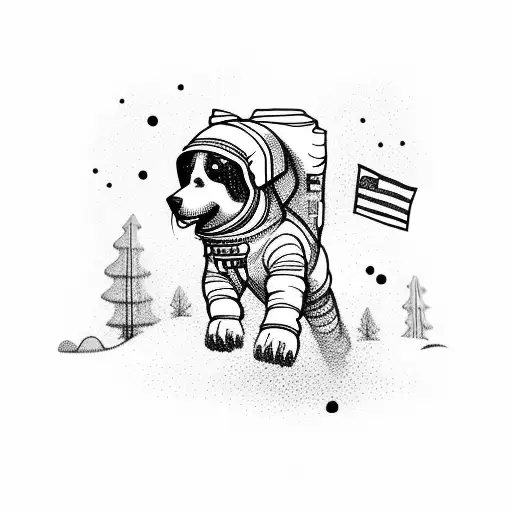 An astronaut dog running through a forest tattoo design idea