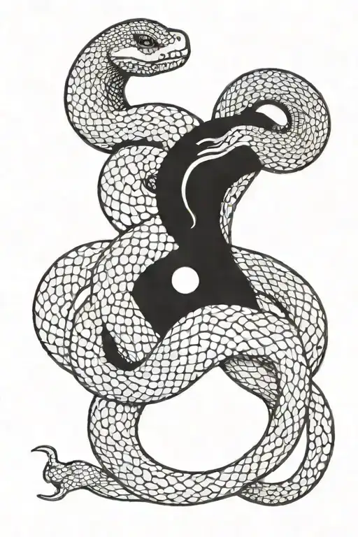 yin and yang snake , one black with white dot, and other white with black dot, intertwined in circle tattoo design idea