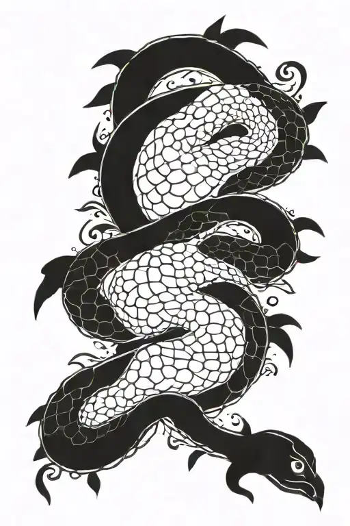 yin and yang snake , one black with white dot, and other white with black dot, intertwined in circle tattoo design idea