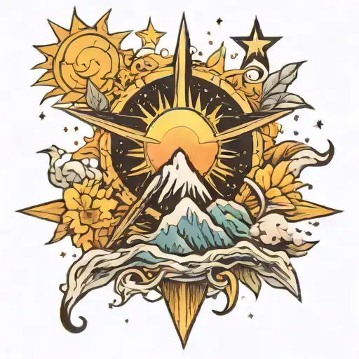 mountain stars sun and cross tattoo design idea