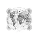 A detailed world map with vibrant colors, highlighting the countries you've visited and incorporating elements of radiation therapy to represent your occupation tattoo design idea