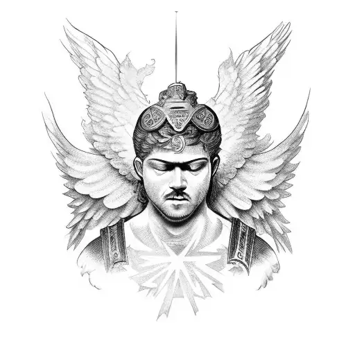 upper body of roman guardian angel peotector in clouds looking down tattoo design idea