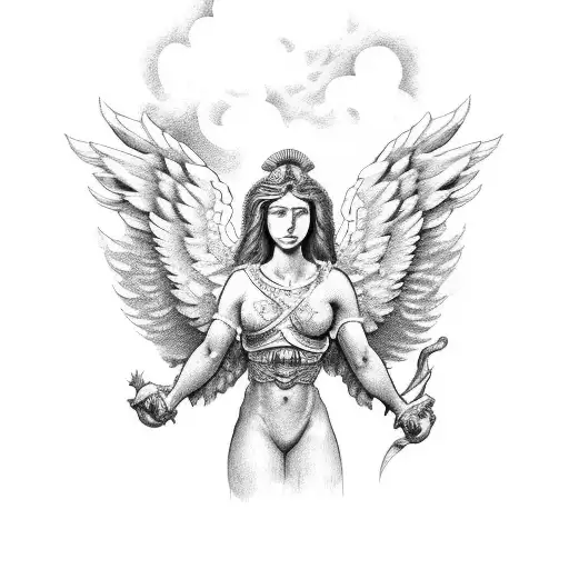 upper body of female roman guardian angel peotector in clouds looking down tattoo design idea