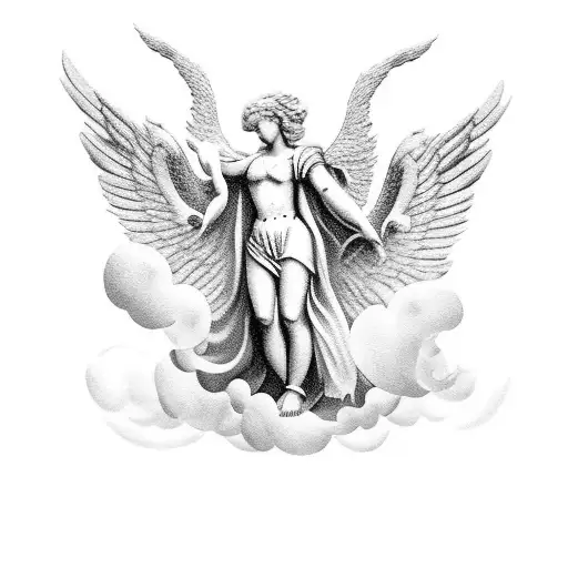 roman guardian angel in clouds looking down tattoo design idea