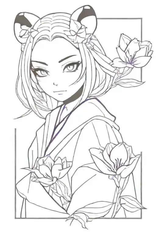 Nezuko from demon slayer with Panda mask and purple tulip flowers tattoo design idea