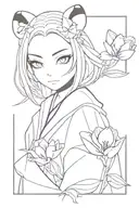 Nezuko from demon slayer with Panda mask and purple tulip flowers tattoo design idea