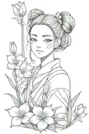 Nezuko from demon slayer with Panda mask and purple tulip flowers tattoo design idea