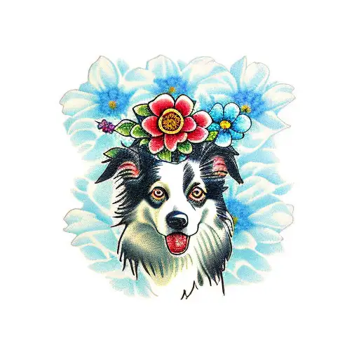 bordercollie and forget me nots flowers tattoo design idea