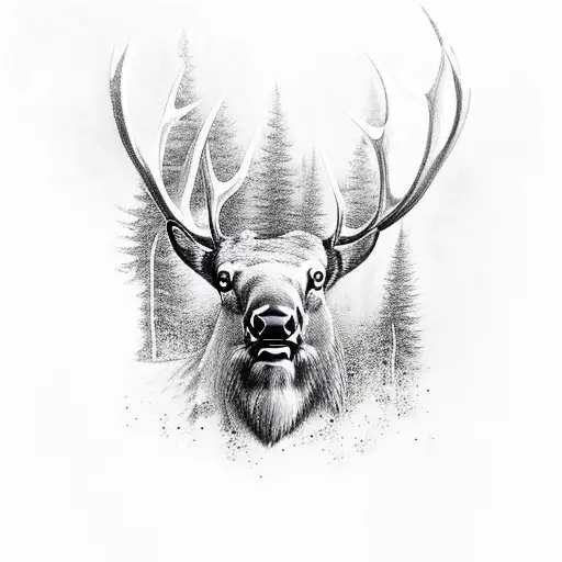 full body male elk in forest in black and white. by the water with galaxy shimmering in the sky tattoo design idea