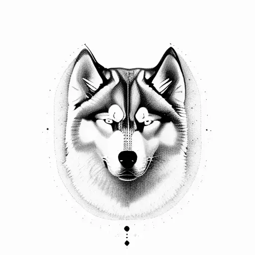 sleeve tattoo. siberian husky. moon. forest. mountain. stream. black and grey. tattoo design idea