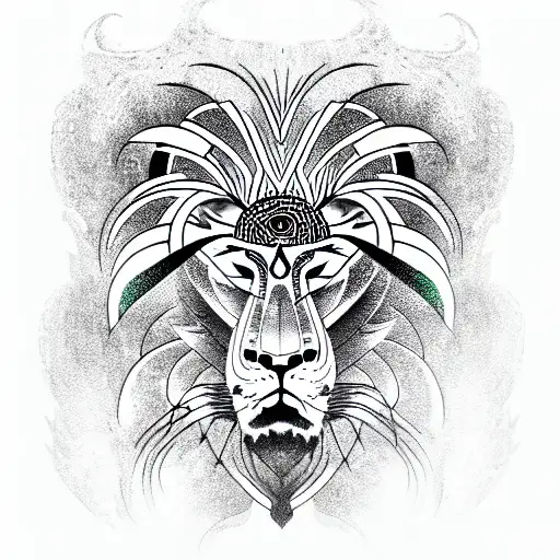 cyber lion, African style, black and green colour  tattoo design idea